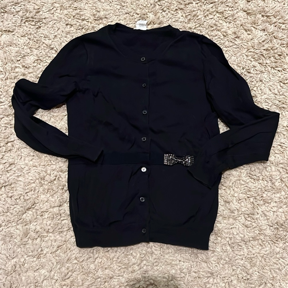 Crewcuts Rhinestone Bow Black Cotton Cardigan Sweater Size 14